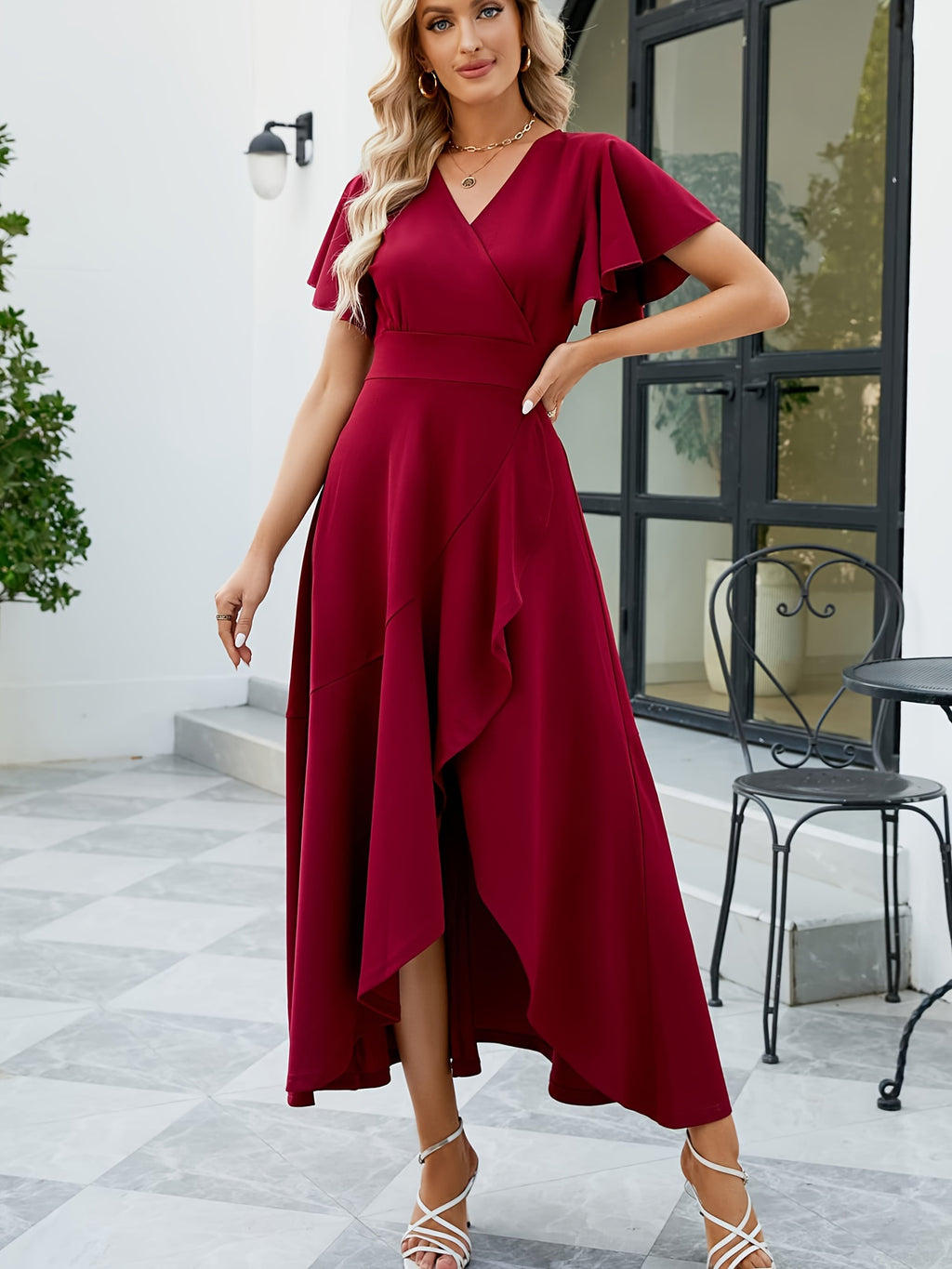 Vestido com decote em V alto-baixo, elegante vestido de linha A com mangas de folho de cor sólida, roupa de mulher
