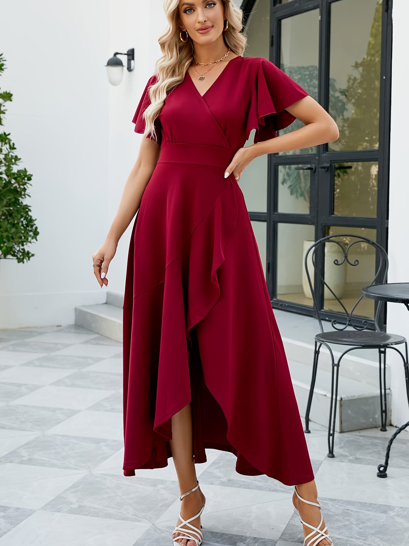 Vestido com decote em V alto-baixo, elegante vestido de linha A com mangas de folho de cor sólida, roupa de mulher