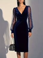 Vestido Elegante de Mulher com Decote em V e Manga Comprida com Detalhe de Manga com Padrão de Renda - Vestido de Festa Formal e Semi-Formal de Comprimento Médio e Corte Justo, Lavável na Máquina, Cor Lisa (Azul Marinho, Vestido de Noite Chic para Todas as Estações para, Vestidos para Convidados de Casamento)