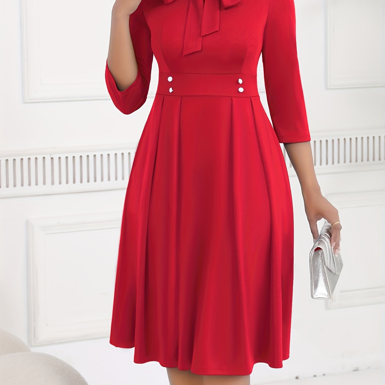 Navy Blue Midi Dress with Elegant Bow Tie