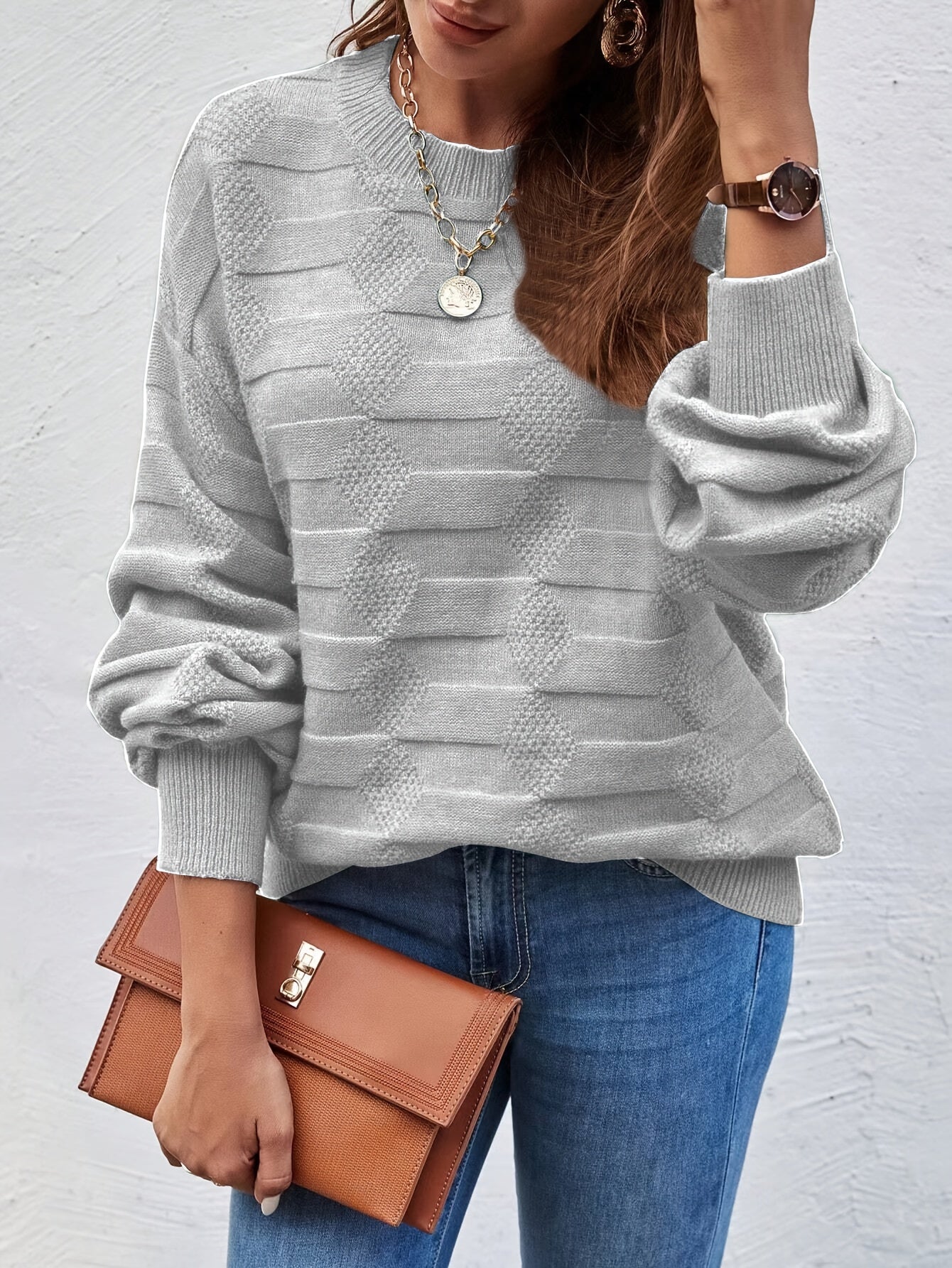 Blusa de Gola Redonda Casual Feminina com Manga Longa e Alta Elasticidade - Top de Outono/Inverno em Cor Sólida, Lavável na Máquina