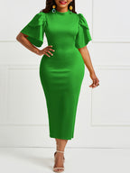 Vestido midi elegante de manga verde com mangas franzidas para mulher - Poliéster elástico, decote redondo, manga comprida, verão chique, sem cinto, perfeito para ocasiões casuais ou formais, vestuário formal | Vestido de manga franzida | Ajuste confortável