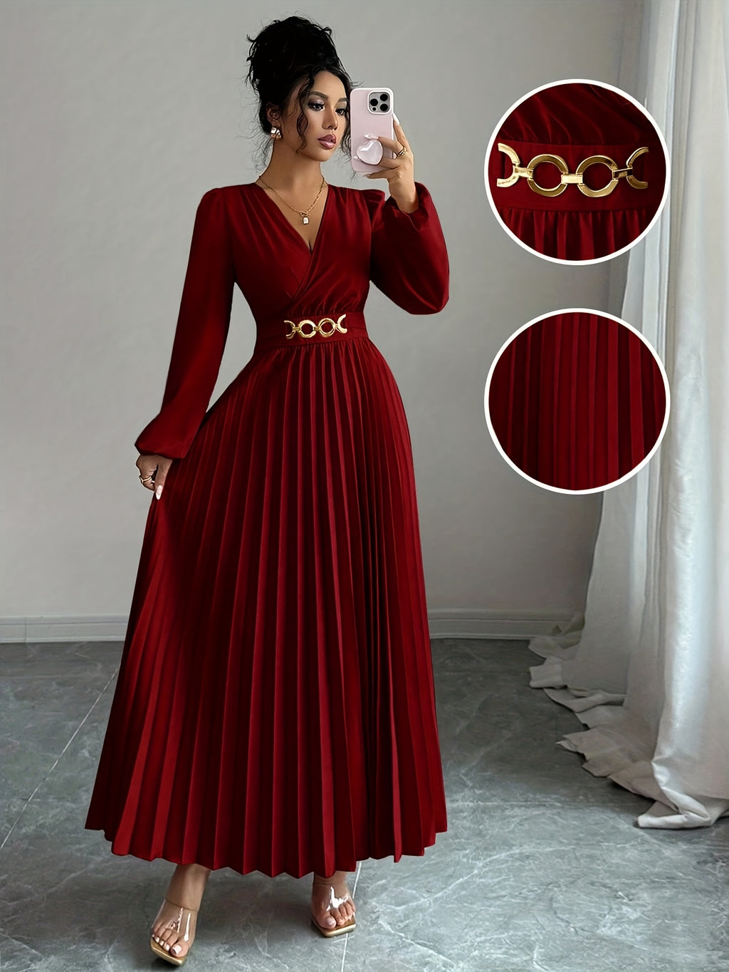 Vestido Metálico Elegante de Mulher com Decote em V, Manga Balão e Fecho de Zíper nas Costas - Vestido de Noite Formal A-Line até ao Chão, Lavável na Máquina para Festas e Eventos, Cintura Estruturada e Bainha Évasée, Vestido de Festa | Vestido Decote em V | Tecido