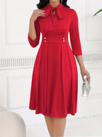 Vestido Feminino de Primavera/Outono com Cintura Ajustável, Elegante e Sofisticado, Para Ambiente de Trabalho, Vestido Midi Azul Marinho com Laço no Pescoço HRYY116