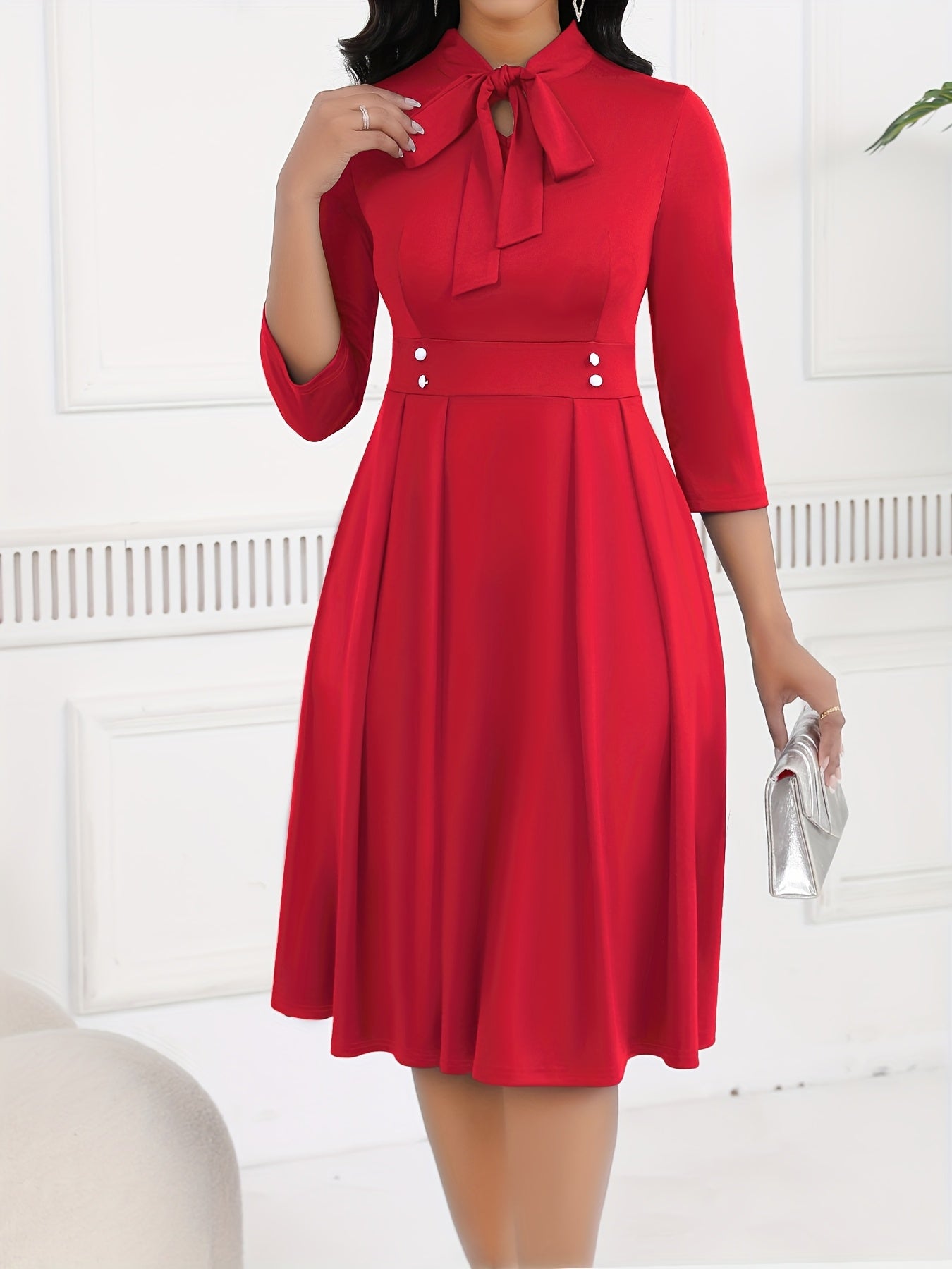 Vestido Feminino de Primavera/Outono com Cintura Ajustável, Elegante e Sofisticado, Para Ambiente de Trabalho, Vestido Midi Azul Marinho com Laço no Pescoço HRYY116