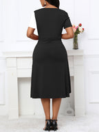 Vestido elegante de linha A para mulheres, em poliéster 95% e spandex 5%, tecido de malha, cor sólida para todas as estações, decote em V, vestido leve de 200g/m² para adultos