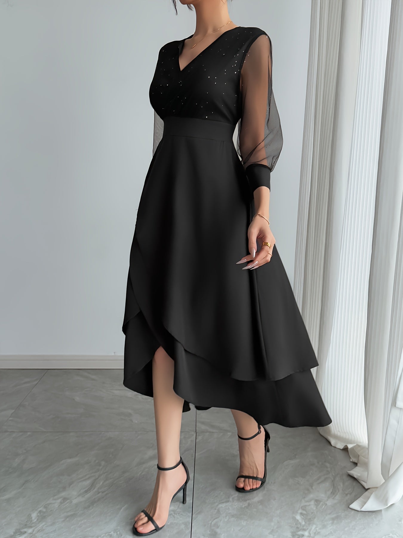 Vestido midi elegante para mulher com decote em V e lantejoulas pretas, com mangas em malha contrastante - Roupa de festa e feriado elegante para todas as estações, perfeita para uma noite de encontro ou presente de Dia dos Namorados, vestido de festa | Vestido com decote em V | Tecido de poliéster