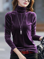 Camiseta Térmica Feminina de Gola Alta e Manga Longa - Top Macio como Veludo, Lavável à Máquina, Preto Sólido para Camadas no Outono/Inverno, Estilo Sofisticado e Casual ou Formal, Roupa de Inverno Confortável, Blusa Versátil e Elegante, Qualidade Premium, Ideal para Climas Frios