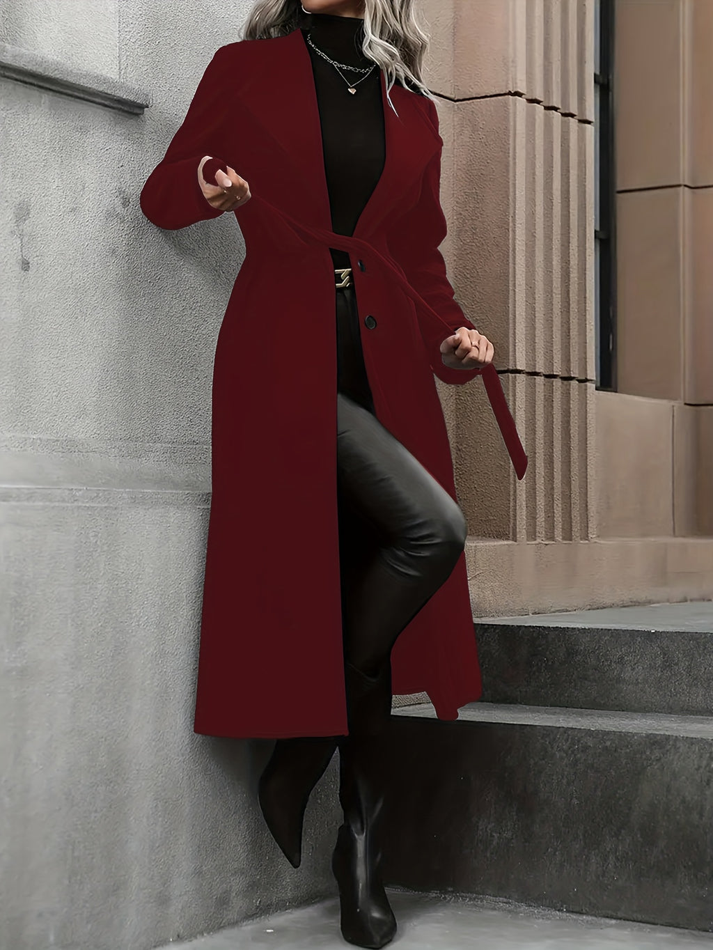 Casaco Trench Comprido Elegante para Mulher - Casaco de Inverno com Cinto na Cintura, Tecido Estruturado Sem Elasticidade, Roupa Exterior Chique de Escritório para Festa para Outono/Inverno