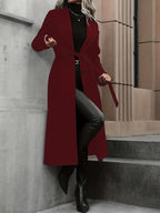 Casaco Trench Comprido Elegante para Mulher - Casaco de Inverno com Cinto na Cintura, Tecido Estruturado Sem Elasticidade, Roupa Exterior Chique de Escritório para Festa para Outono/Inverno