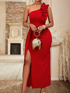 Vestido de festa sexy de um ombro para mulheres - Vestido formal de evento com racha alta, vestido de festa A-Line para o Dia dos Namorados, Ano Novo, Encontros - Elegantes roupas de festa para mulheres, vestido de festa sexy, atuário de noite de encontro, vestido de tecido fluido, vestido de ocasião especial, material leve, roupa adulta