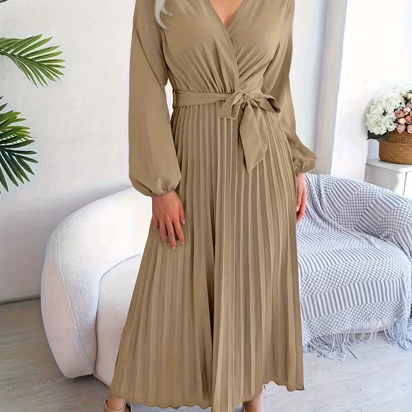 Elegant V-Neck Pleated Maxi Dress with Waist Tie