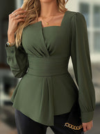 Blusa Feminina Elegante de Manga Bufante com Decote Quadrado e Barra Assimétrica - Camisa Verde Oliva para Primavera/Outono, Lavável à Máquina, Design Casual Chic, Mangas Flare, Tecido Macio