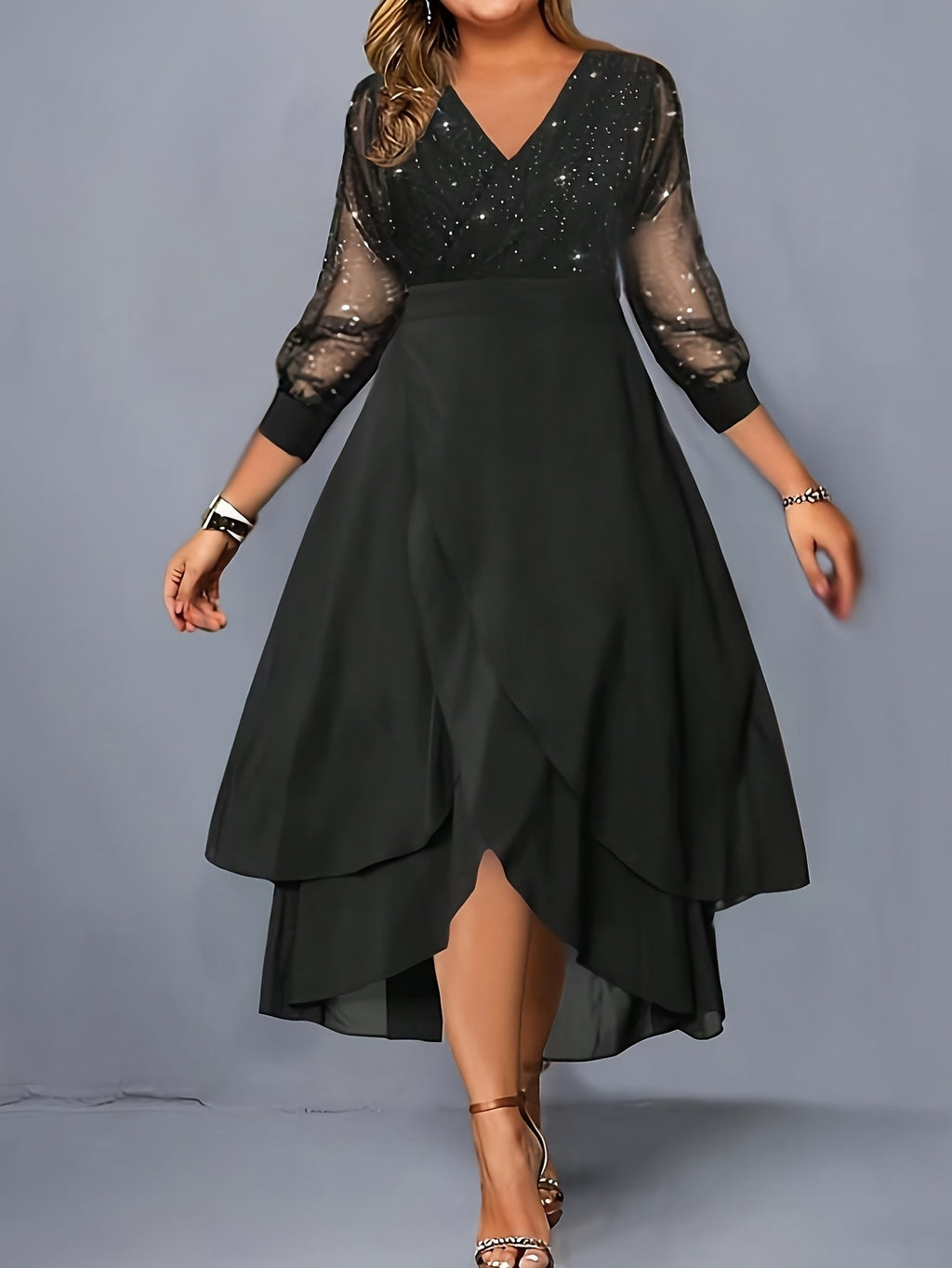 Vestido midi elegante para mulher com decote em V e lantejoulas pretas, com mangas em malha contrastante - Roupa de festa e feriado elegante para todas as estações, perfeita para uma noite de encontro ou presente de Dia dos Namorados, vestido de festa | Vestido com decote em V | Tecido de poliéster