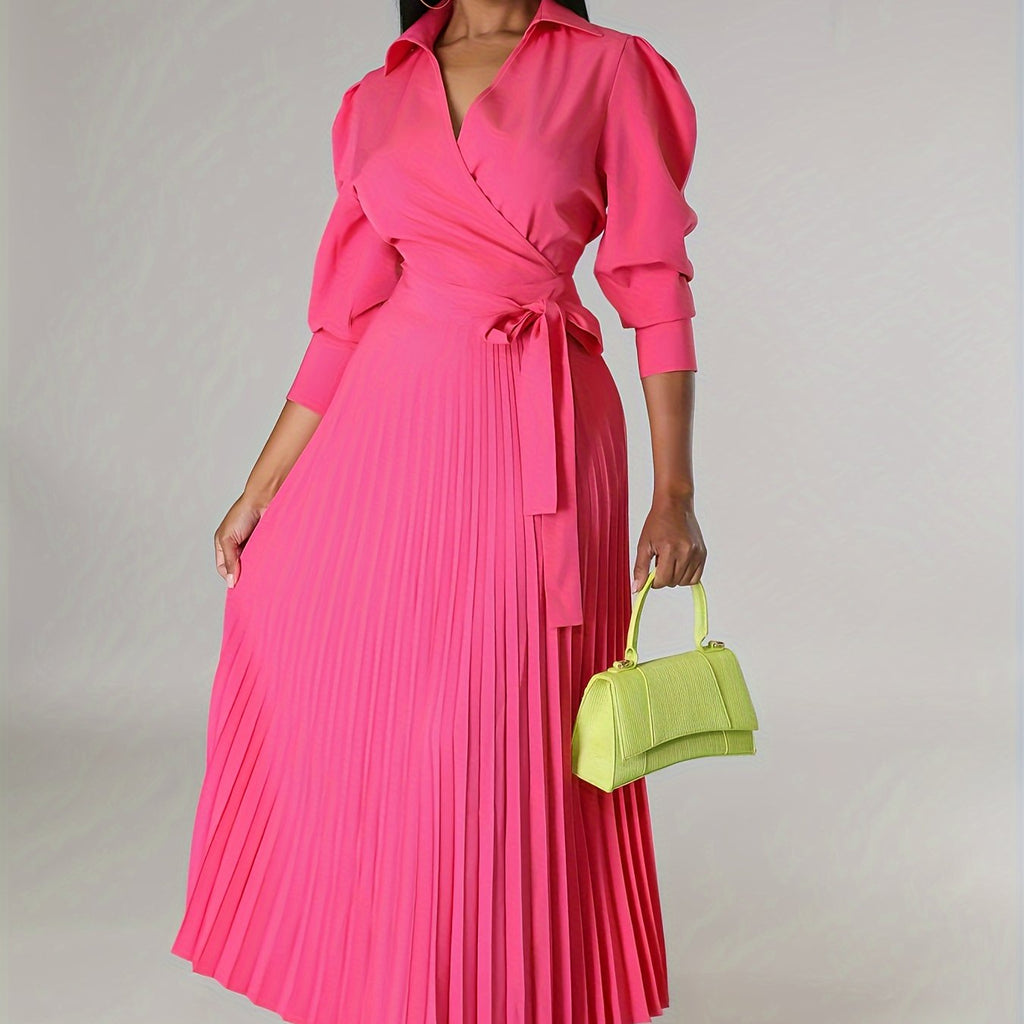 Chic Green Midi Dress with Pleated Neckline