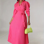 Chic Green Midi Dress with Pleated Neckline