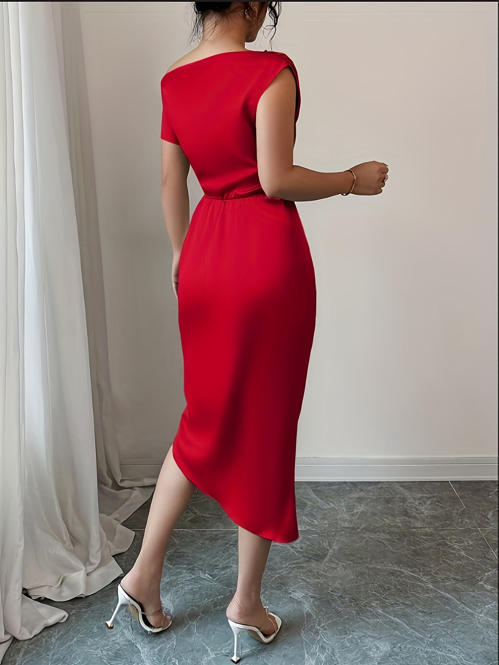 Vestido de Cocktail Elegante de Verão Sem Mangas com Decote Assimétrico e Laço de Cetim Envolvente para Mulher, Cor Sólida, Comprimento Longo, Corte Normal, Novo de 2025