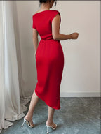 Vestido de Cocktail Elegante de Verão Sem Mangas com Decote Assimétrico e Laço de Cetim Envolvente para Mulher, Cor Sólida, Comprimento Longo, Corte Normal, Novo de 2025