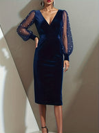 Vestido Elegante de Mulher com Decote em V e Manga Comprida com Detalhe de Manga com Padrão de Renda - Vestido de Festa Formal e Semi-Formal de Comprimento Médio e Corte Justo, Lavável na Máquina, Cor Lisa (Azul Marinho, Vestido de Noite Chic para Todas as Estações para, Vestidos para Convidados de Casamento)