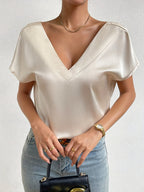 Blusa Solta De Manga Curta Com Decote Em V, De Cor Sólida, Elegante Para A Primavera E O Verão, Roupa Feminina