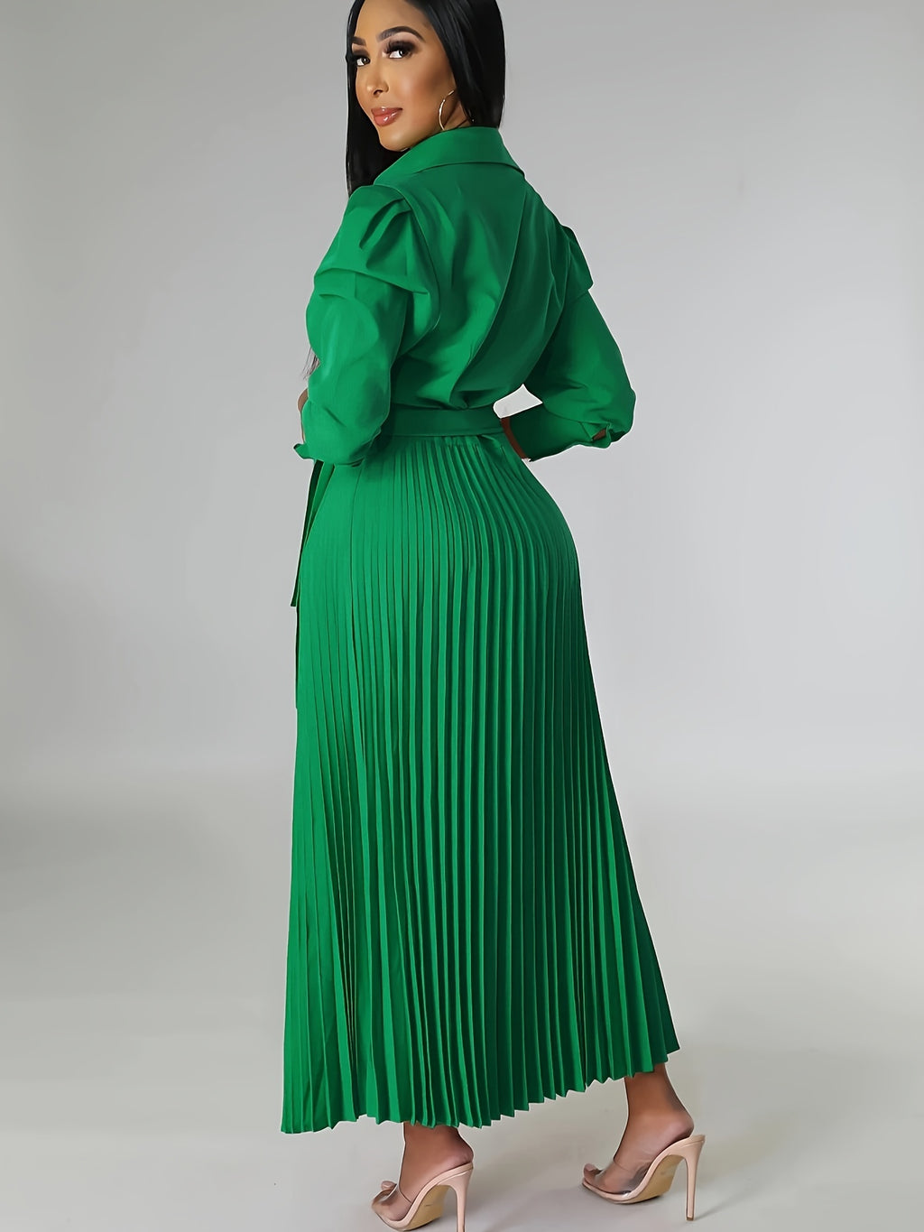 Vestido Midi Elegante Feminino com Plissado no Pescoço - Verde Vibrante, Tecido Estruturado Não Elástico, Lavável à Máquina, Versátil para Ocasiões Casuais e Formais, Silhueta Franzida, Material de Alta Qualidade, Roupa Primavera/Verão/Outono, Tecido Opaco