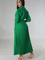 Vestido Midi Elegante Feminino com Plissado no Pescoço - Verde Vibrante, Tecido Estruturado Não Elástico, Lavável à Máquina, Versátil para Ocasiões Casuais e Formais, Silhueta Franzida, Material de Alta Qualidade, Roupa Primavera/Verão/Outono, Tecido Opaco