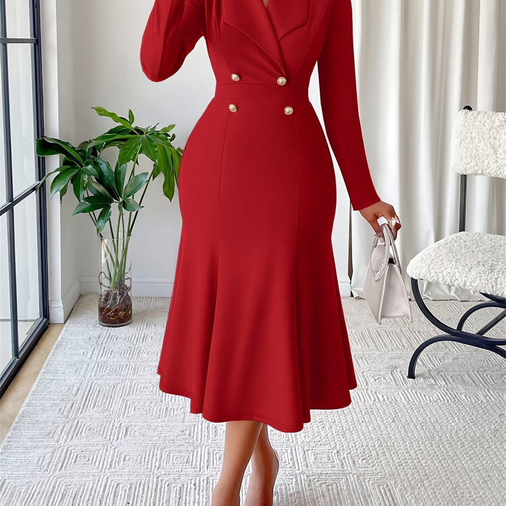 Chic Red Midi Dress with Lapel Collar and Mermaid Hemline