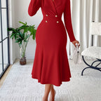 Chic Red Midi Dress with Lapel Collar and Mermaid Hemline