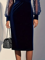 Vestido Elegante de Mulher com Decote em V e Manga Comprida com Detalhe de Manga com Padrão de Renda - Vestido de Festa Formal e Semi-Formal de Comprimento Médio e Corte Justo, Lavável na Máquina, Cor Lisa (Azul Marinho, Vestido de Noite Chic para Todas as Estações para, Vestidos para Convidados de Casamento)