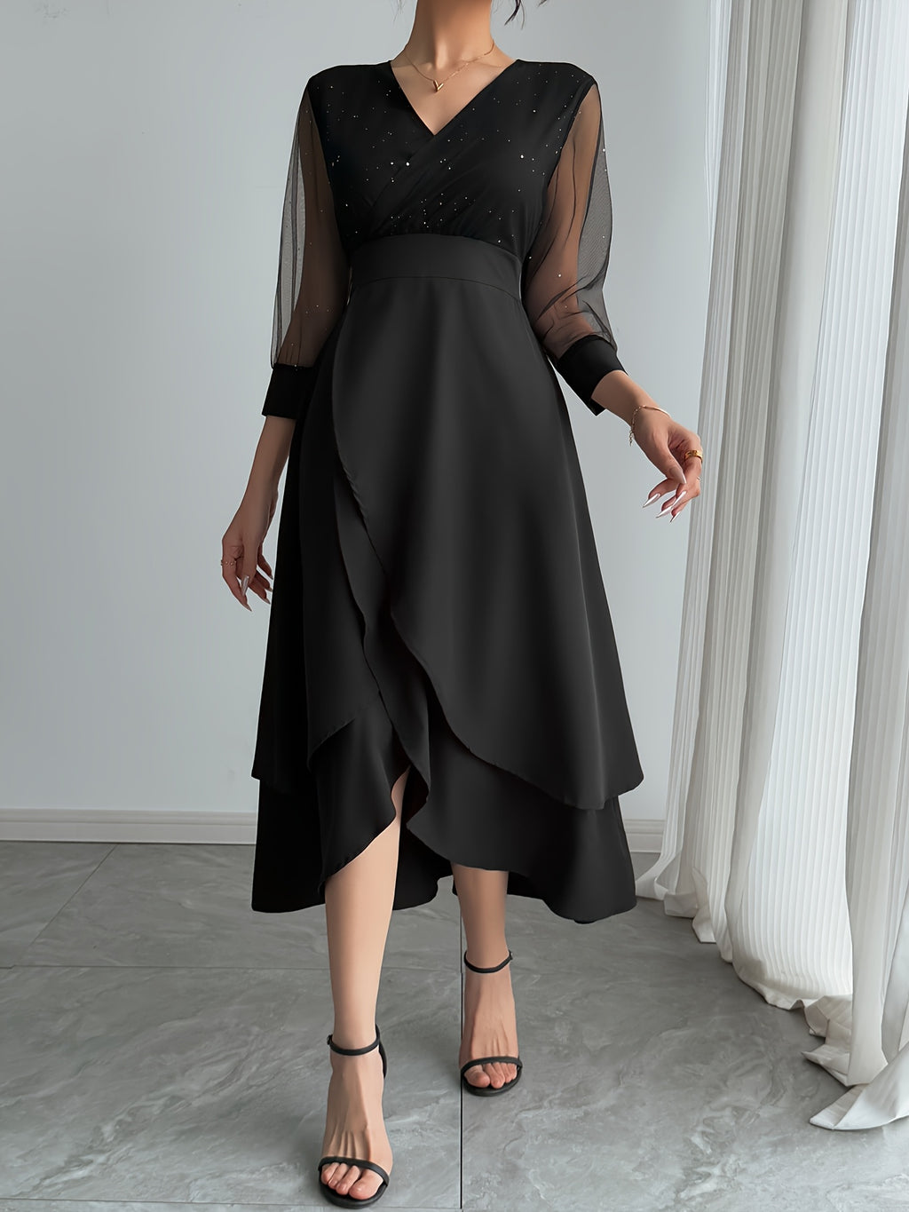 Vestido midi elegante para mulher com decote em V e lantejoulas pretas, com mangas em malha contrastante - Roupa de festa e feriado elegante para todas as estações, perfeita para uma noite de encontro ou presente de Dia dos Namorados, vestido de festa | Vestido com decote em V | Tecido de poliéster