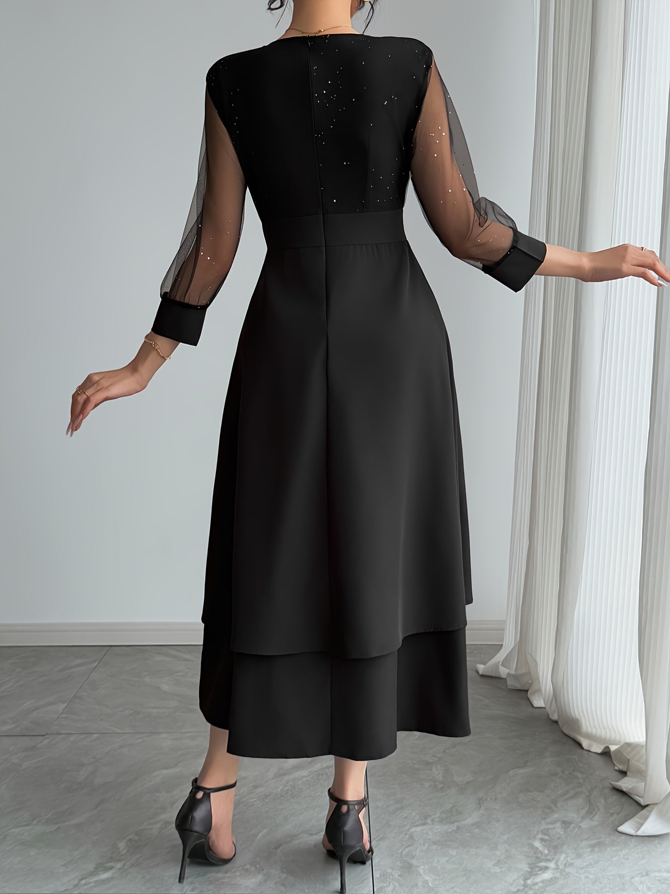 Vestido midi elegante para mulher com decote em V e lantejoulas pretas, com mangas em malha contrastante - Roupa de festa e feriado elegante para todas as estações, perfeita para uma noite de encontro ou presente de Dia dos Namorados, vestido de festa | Vestido com decote em V | Tecido de poliéster