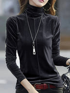 Camiseta Térmica Feminina de Gola Alta e Manga Longa - Top Macio como Veludo, Lavável à Máquina, Preto Sólido para Camadas no Outono/Inverno, Estilo Sofisticado e Casual ou Formal, Roupa de Inverno Confortável, Blusa Versátil e Elegante, Qualidade Premium, Ideal para Climas Frios