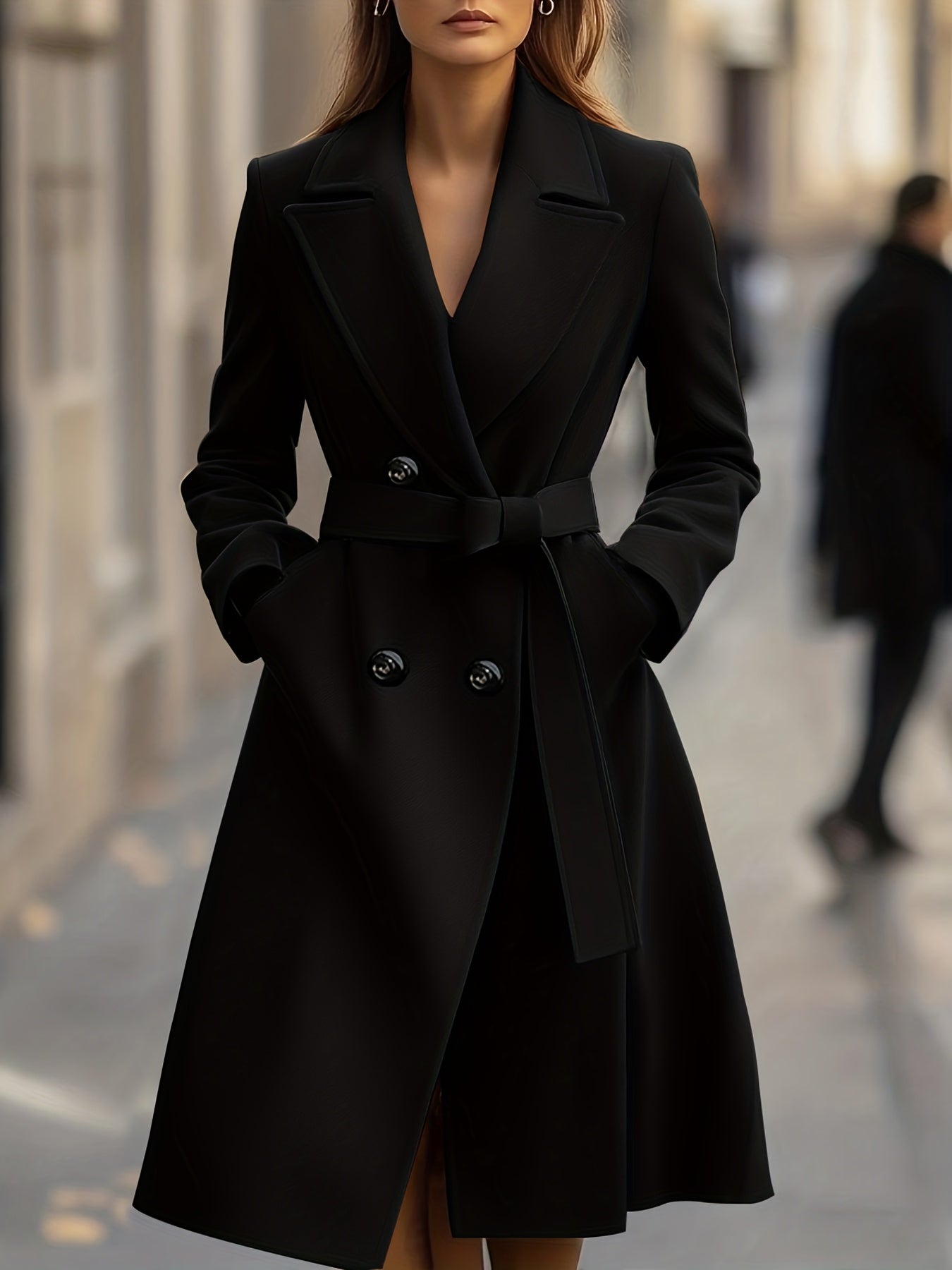 Casaco Longo de Outono/Inverno com Lapela Grande, Mangas Compridas, Bolso e Estilo Francês Minimalista e Elegante em Tweed