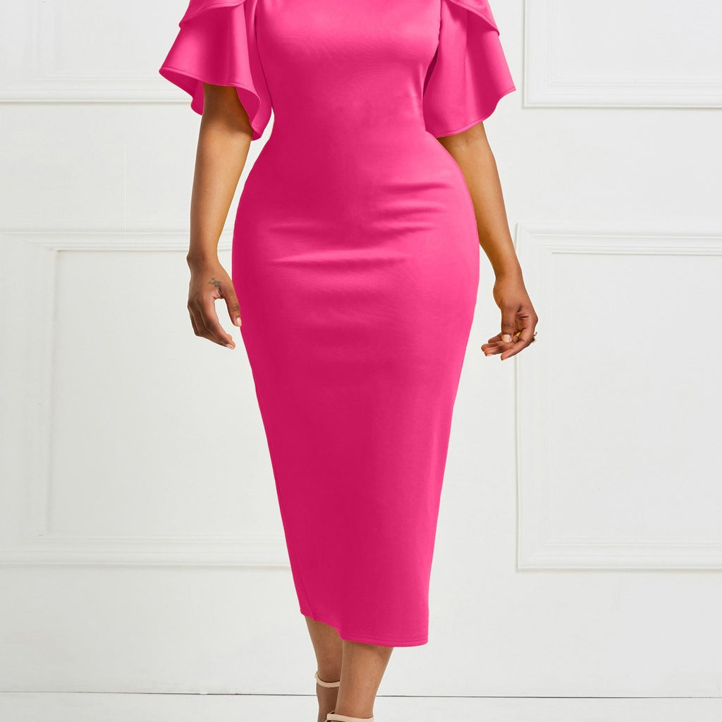 Elegant Green Midi Dress with Dramatic Ruffled Sleeves