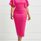 Elegant Green Midi Dress with Dramatic Ruffled Sleeves