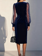 Vestido Elegante de Mulher com Decote em V e Manga Comprida com Detalhe de Manga com Padrão de Renda - Vestido de Festa Formal e Semi-Formal de Comprimento Médio e Corte Justo, Lavável na Máquina, Cor Lisa (Azul Marinho, Vestido de Noite Chic para Todas as Estações para, Vestidos para Convidados de Casamento)