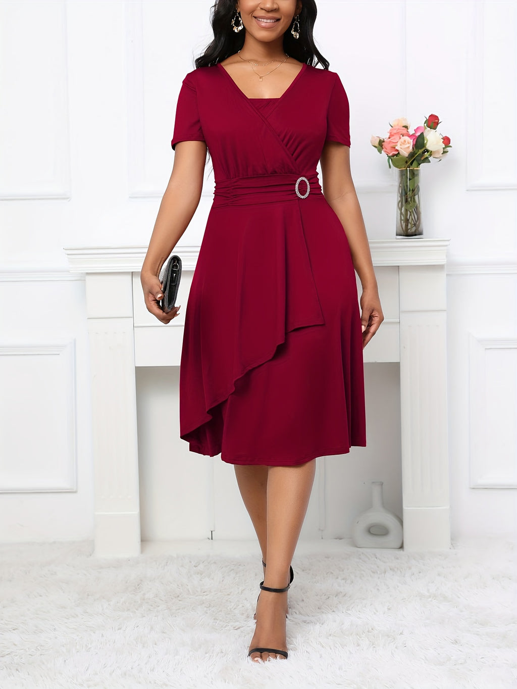 Vestido elegante de linha A para mulheres, em poliéster 95% e spandex 5%, tecido de malha, cor sólida para todas as estações, decote em V, vestido leve de 200g/m² para adultos