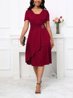 Vestido elegante de linha A para mulheres, em poliéster 95% e spandex 5%, tecido de malha, cor sólida para todas as estações, decote em V, vestido leve de 200g/m² para adultos