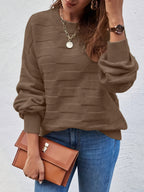 Blusa de Gola Redonda Casual Feminina com Manga Longa e Alta Elasticidade - Top de Outono/Inverno em Cor Sólida, Lavável na Máquina