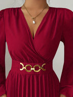 Vestido Feminino Elegante Estilo Francês com Decote em V e Cintura Plissada (Cintura Falsa/Estreita Oculta) - Manga Longa para Casamento de Inverno, Vestido de Festa Formal Lavável na Máquina, Cor Sólida