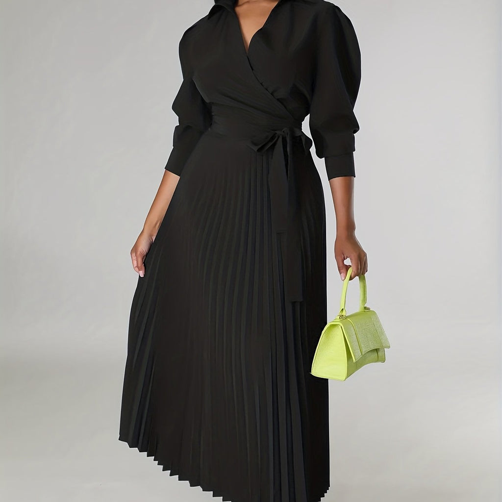 Chic Green Midi Dress with Pleated Neckline