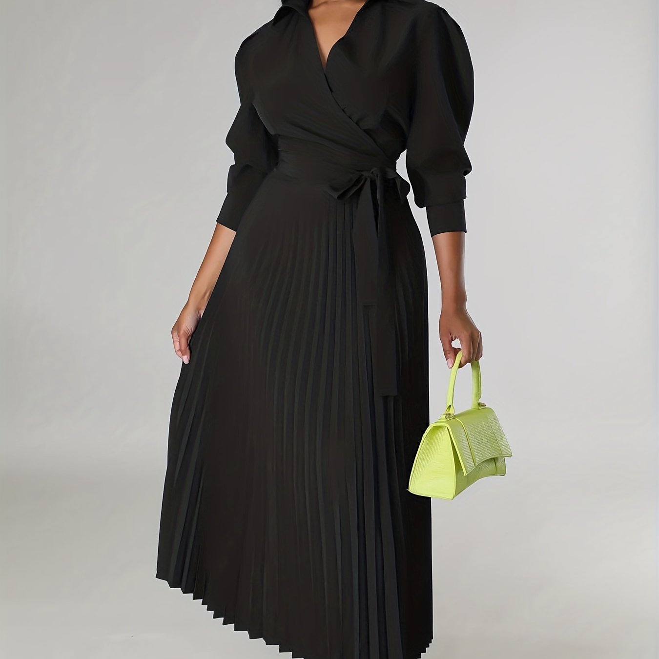 Chic Green Midi Dress with Pleated Neckline