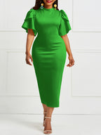 Vestido midi elegante de manga verde com mangas franzidas para mulher - Poliéster elástico, decote redondo, manga comprida, verão chique, sem cinto, perfeito para ocasiões casuais ou formais, vestuário formal | Vestido de manga franzida | Ajuste confortável