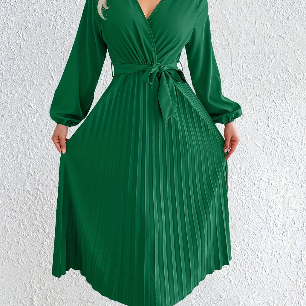 Elegant V-Neck Pleated Maxi Dress with Waist Tie