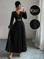 Vestido Metálico Elegante de Mulher com Decote em V, Manga Balão e Fecho de Zíper nas Costas - Vestido de Noite Formal A-Line até ao Chão, Lavável na Máquina para Festas e Eventos, Cintura Estruturada e Bainha Évasée, Vestido de Festa | Vestido Decote em V | Tecido