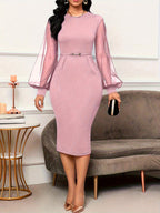 Vestido Feminino de Primavera/Outono, Elegante com Painel de Tule na Cintura, Vestido de Cocktail para Negócios, Gola Redonda Azul Royal, Vestido Midi WJ289