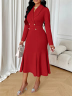 Vestido Midi Elegante de Outono-Inverno para Mulheres com Gola Social, Punhos Compridos, 2 Botões na Cintura e Barra Sereia em Vermelho Vibrante