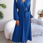 Elegant V-Neck Pleated Maxi Dress with Waist Tie