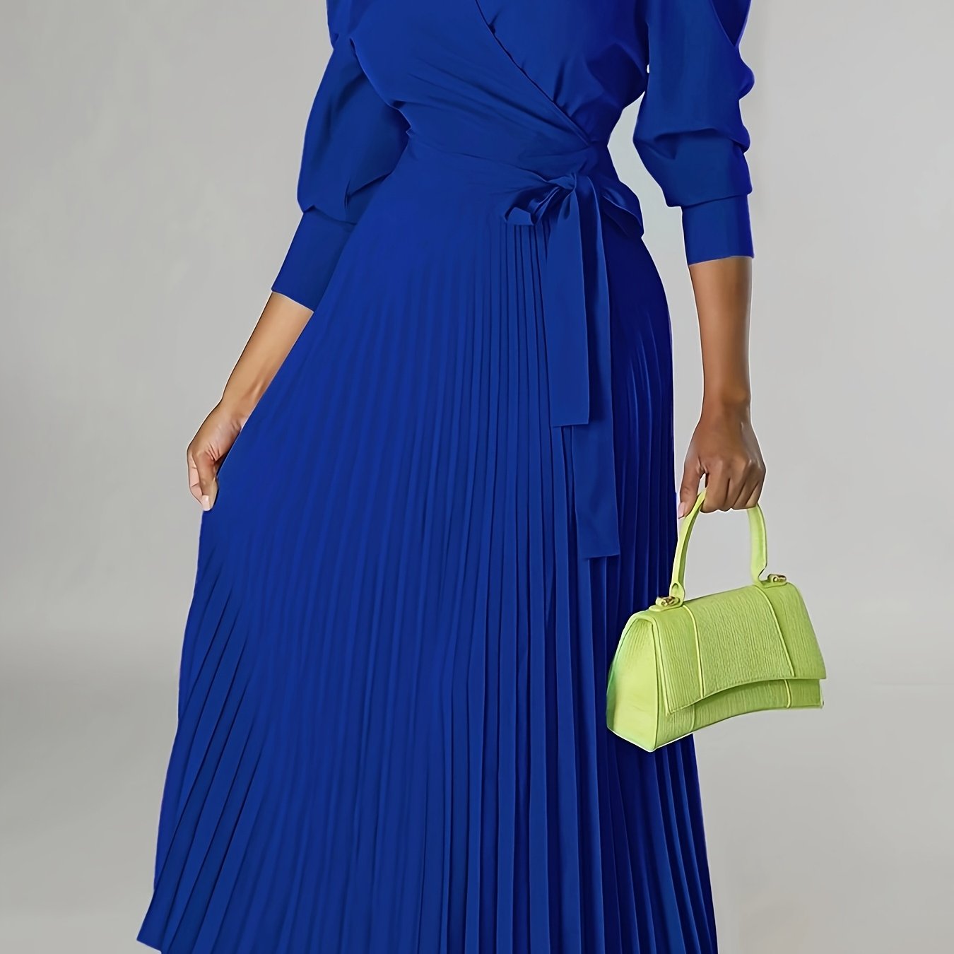 Chic Green Midi Dress with Pleated Neckline