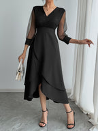 Vestido midi elegante para mulher com decote em V e lantejoulas pretas, com mangas em malha contrastante - Roupa de festa e feriado elegante para todas as estações, perfeita para uma noite de encontro ou presente de Dia dos Namorados, vestido de festa | Vestido com decote em V | Tecido de poliéster